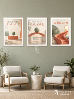 Physiotherapy — set of three complementary commercial artworks in White frames, shown at 50×70 cm each.