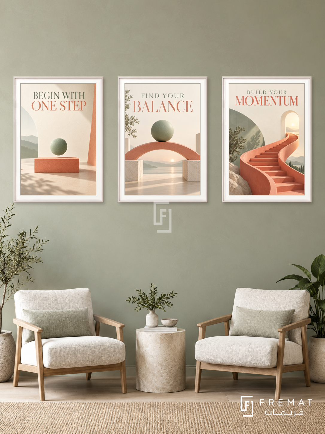 Physiotherapy — set of three complementary commercial artworks in White frames, shown at 50×70 cm each.