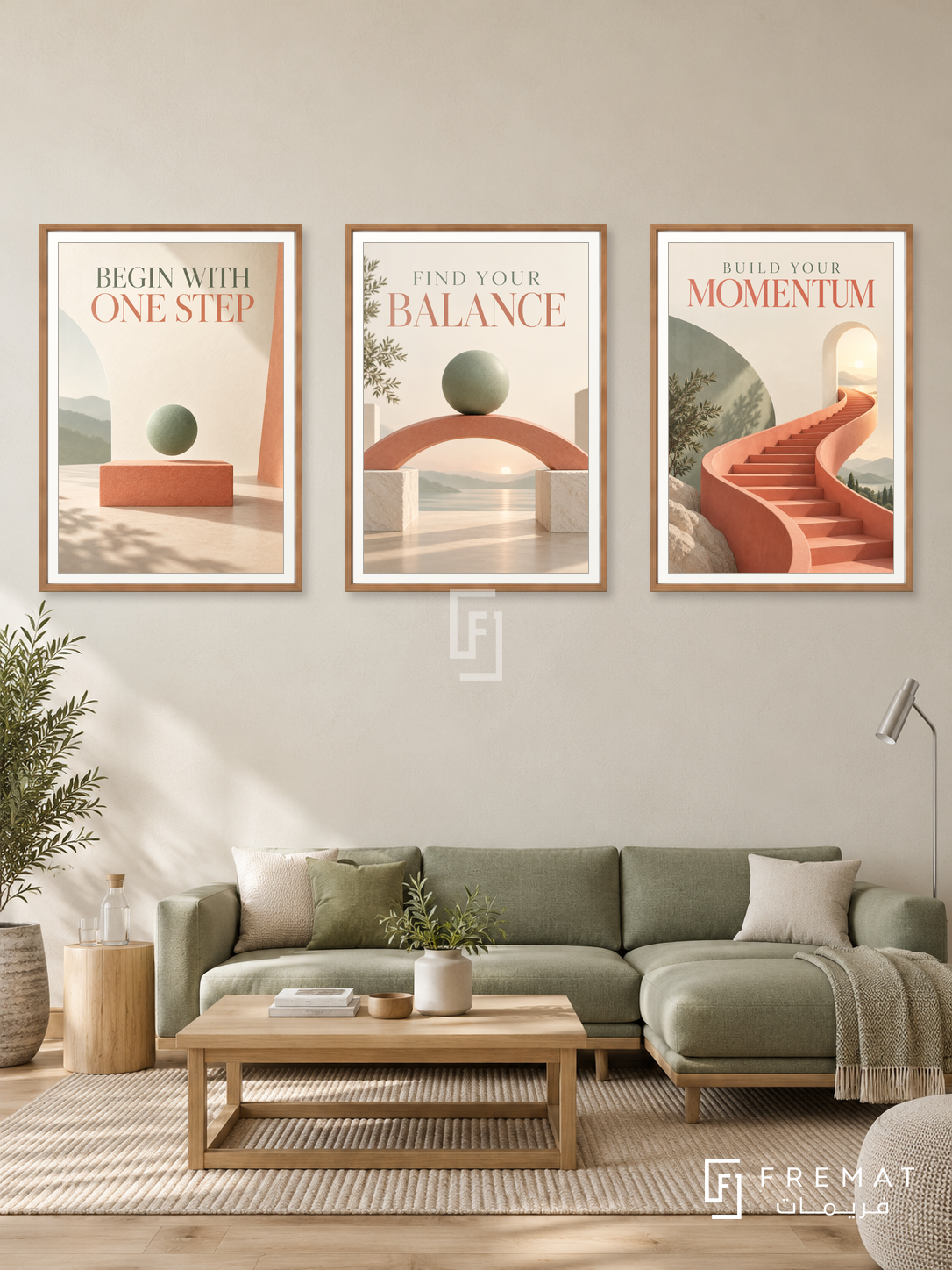Physiotherapy — set of three complementary commercial artworks in Wooden Texture frames, shown at 50×70 cm each.