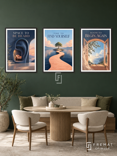 Counseling — set of three complementary commercial artworks in Black frames, shown at 50×70 cm each.
