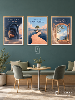 Counseling — set of three complementary commercial artworks in Gold frames, shown at 50×70 cm each.