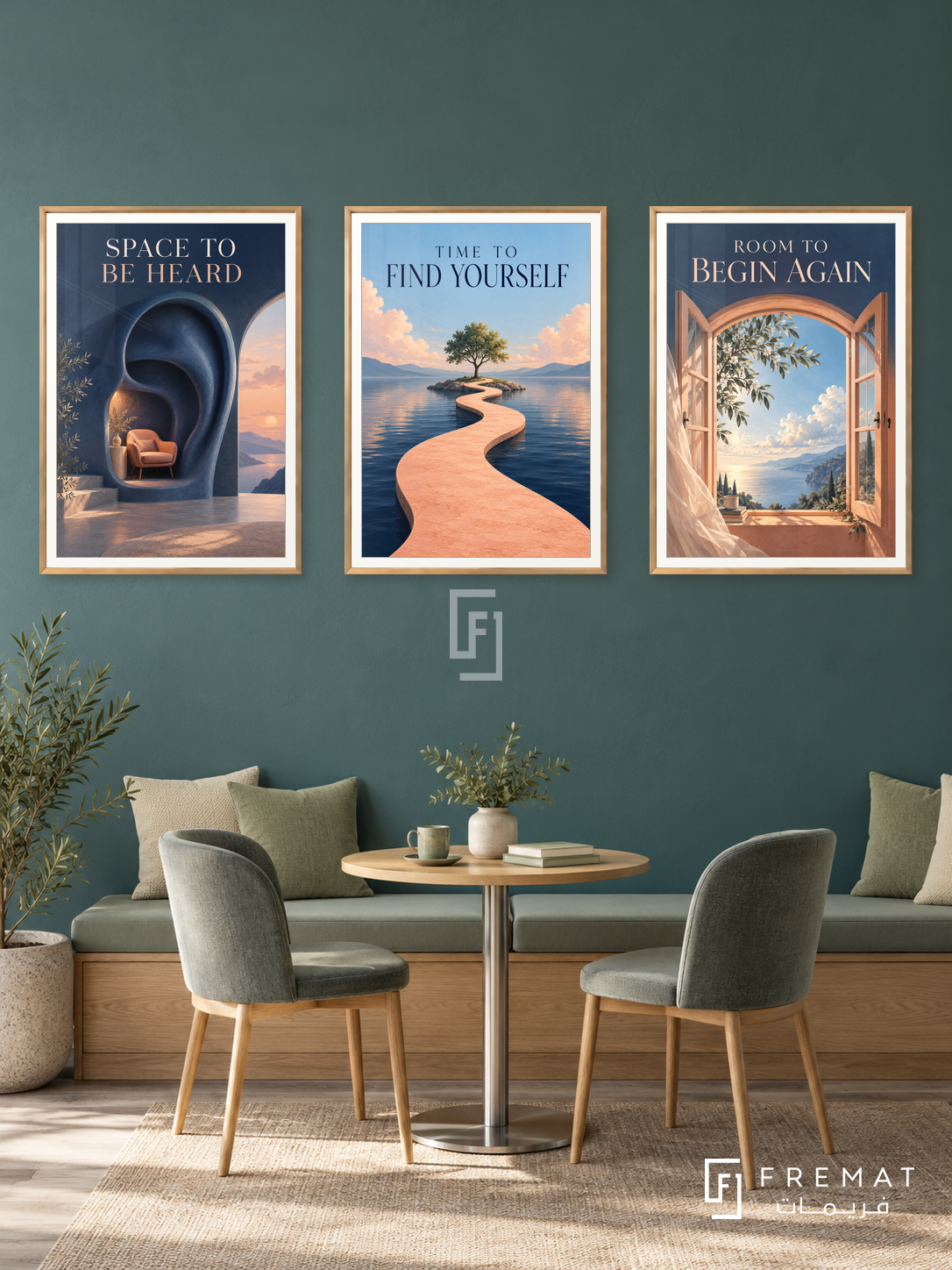 Counseling — set of three complementary commercial artworks in Gold frames, shown at 50×70 cm each.