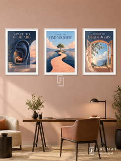 Counseling — set of three complementary commercial artworks in White frames, shown at 50×70 cm each.