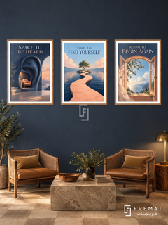 Counseling — set of three complementary commercial artworks in Wooden Texture frames, shown at 50×70 cm each.