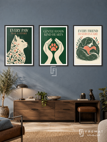 Veterinary — set of three complementary commercial artworks in Black frames, shown at 50×70 cm each.