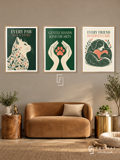 Veterinary — set of three complementary commercial artworks in Gold frames, shown at 50×70 cm each.