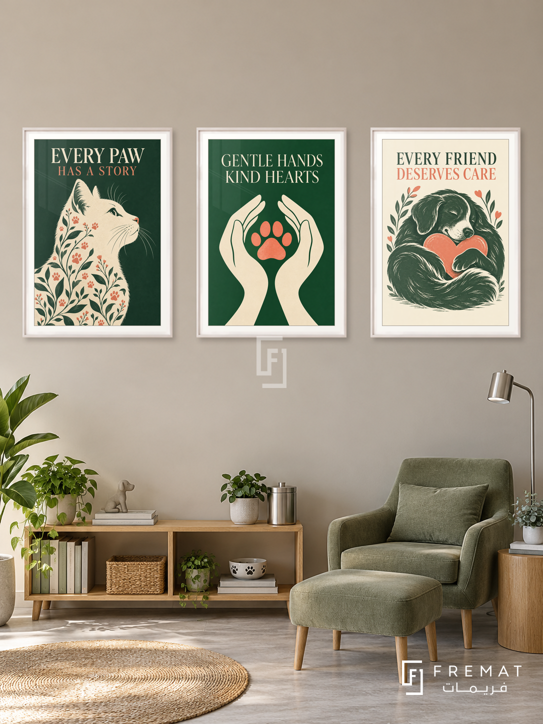 Veterinary — set of three complementary commercial artworks in White frames, shown at 50×70 cm each.