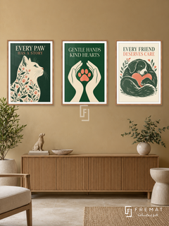 Veterinary — set of three complementary commercial artworks in Wooden Texture frames, shown at 50×70 cm each.