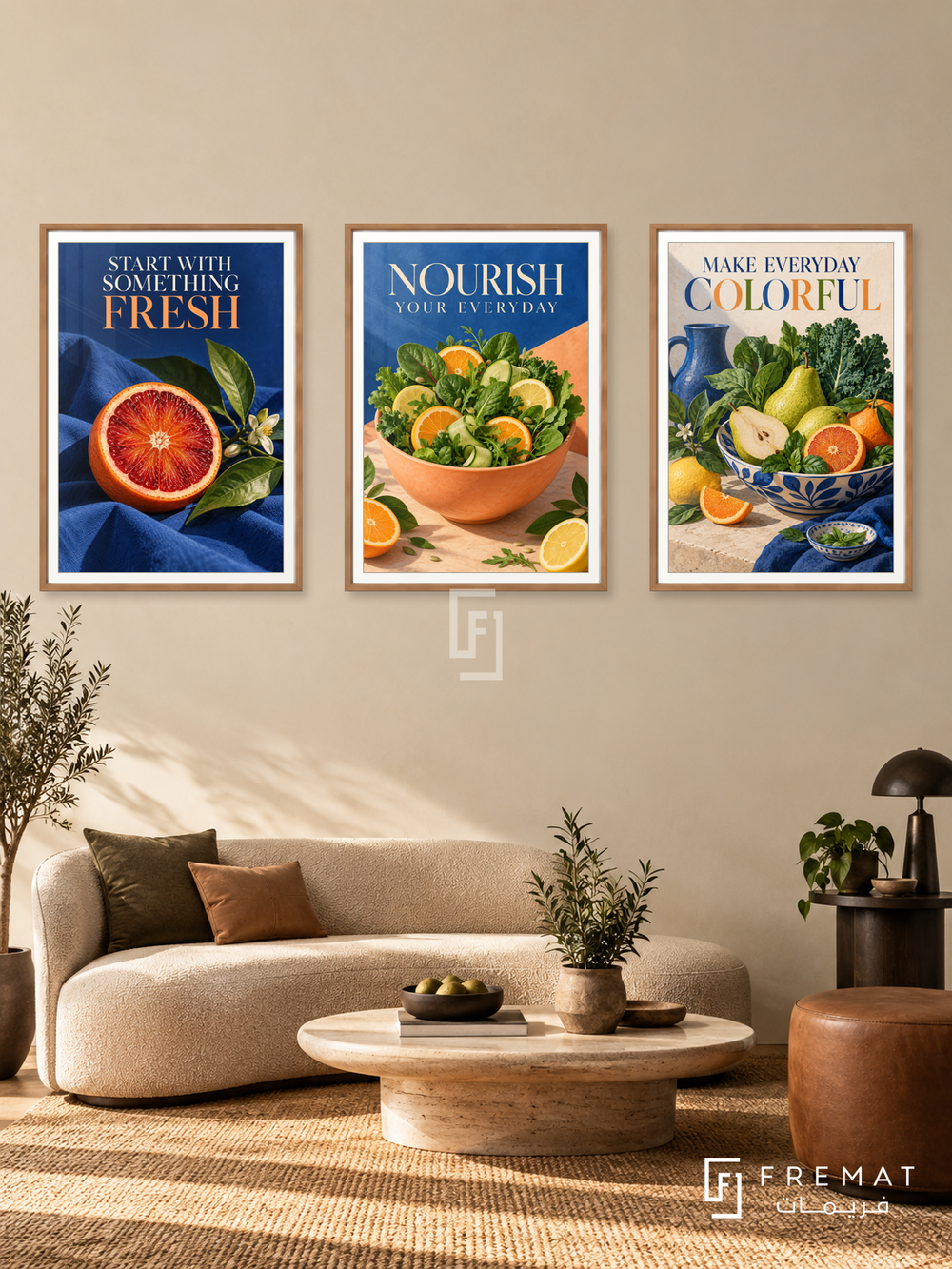 Nutrition — set of three complementary commercial artworks in Wooden Texture frames, shown at 50×70 cm each.