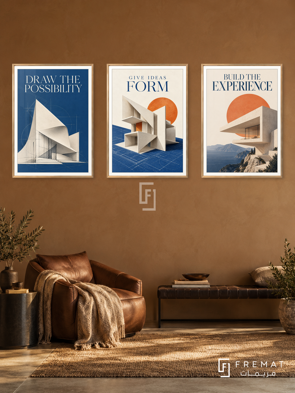 Architecture — set of three complementary commercial artworks in Gold frames, shown at 50×70 cm each.