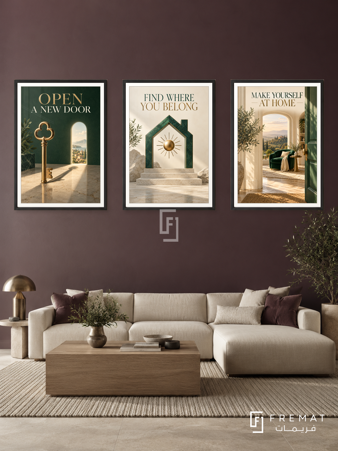 Real Estate — set of three complementary commercial artworks in Black frames, shown at 50×70 cm each.