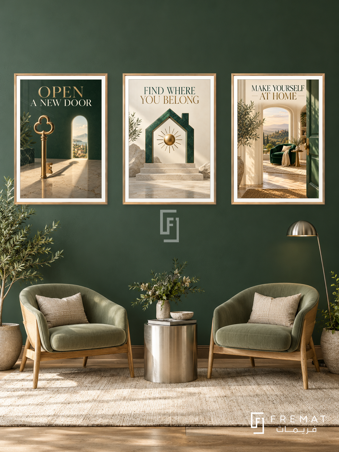 Real Estate — set of three complementary commercial artworks in Gold frames, shown at 50×70 cm each.