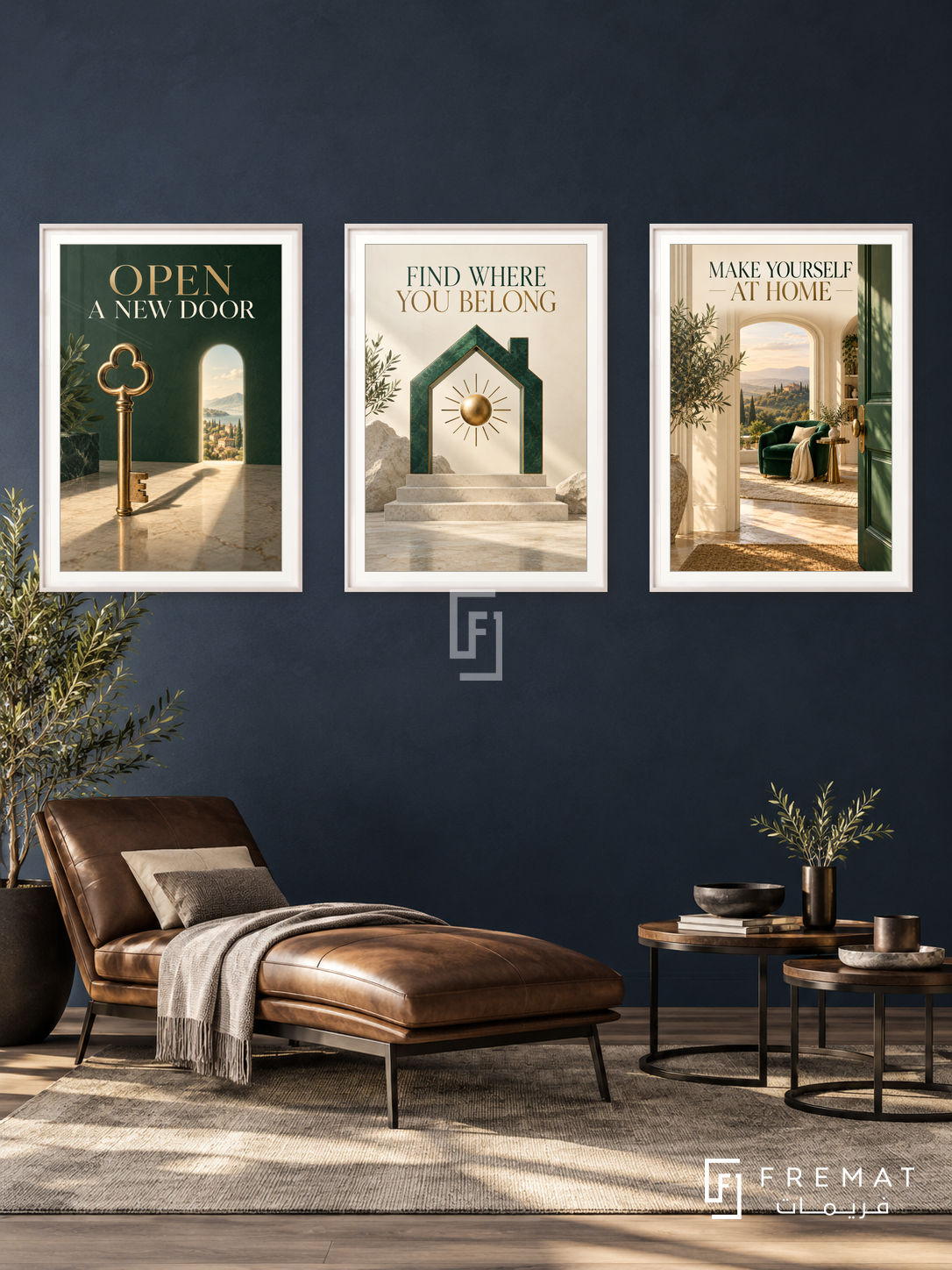 Real Estate — set of three complementary commercial artworks in White frames, shown at 50×70 cm each.