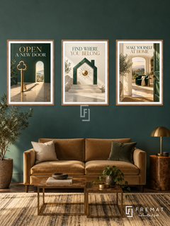 Real Estate — set of three complementary commercial artworks in Wooden Texture frames, shown at 50×70 cm each.
