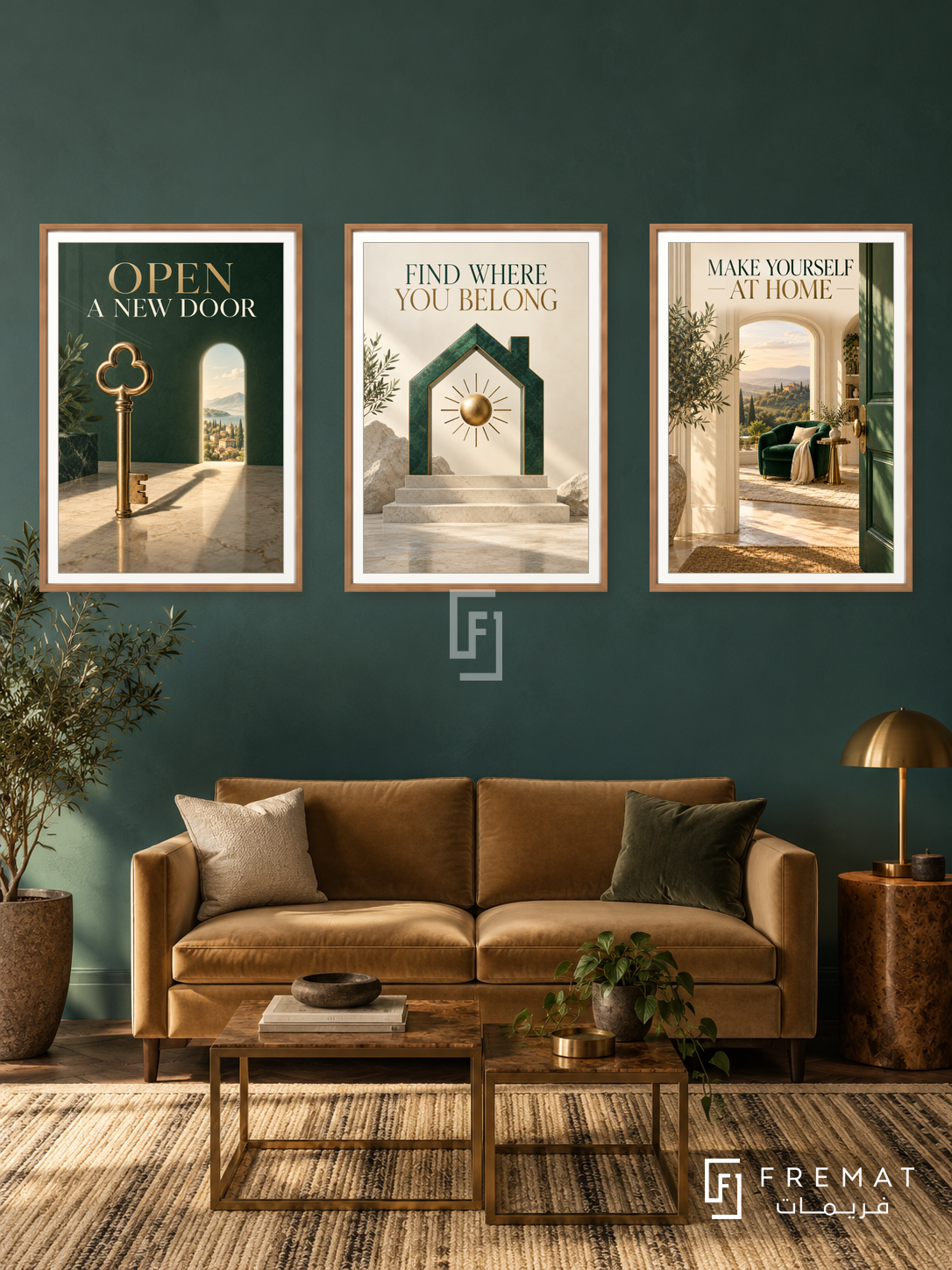 Real Estate — set of three complementary commercial artworks in Wooden Texture frames, shown at 50×70 cm each.