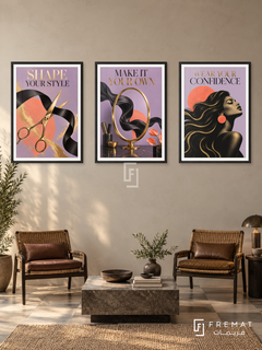 Salon — set of three complementary commercial artworks in Black frames, shown at 50×70 cm each.