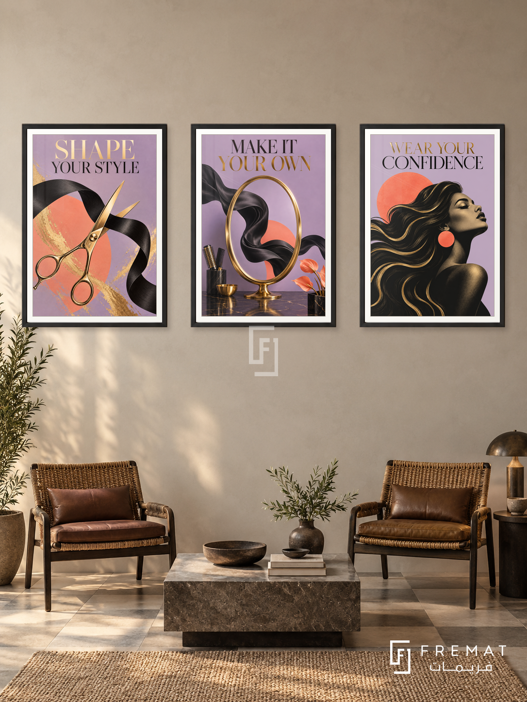 Salon — set of three complementary commercial artworks in Black frames, shown at 50×70 cm each.