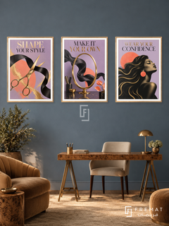 Salon — set of three complementary commercial artworks in Gold frames, shown at 50×70 cm each.