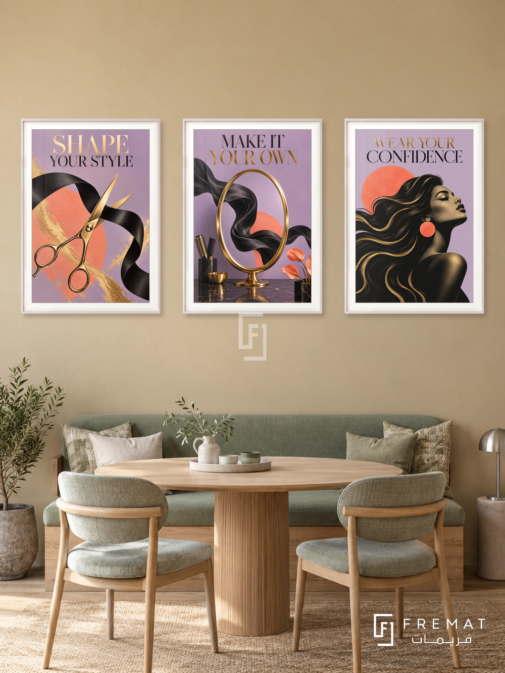 Salon — set of three complementary commercial artworks in White frames, shown at 50×70 cm each.