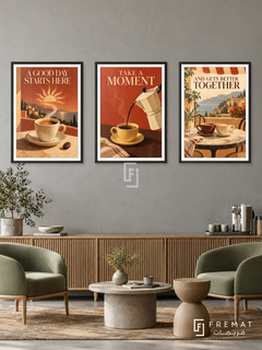 Cafe — set of three complementary commercial artworks in Black frames, shown at 50×70 cm each.