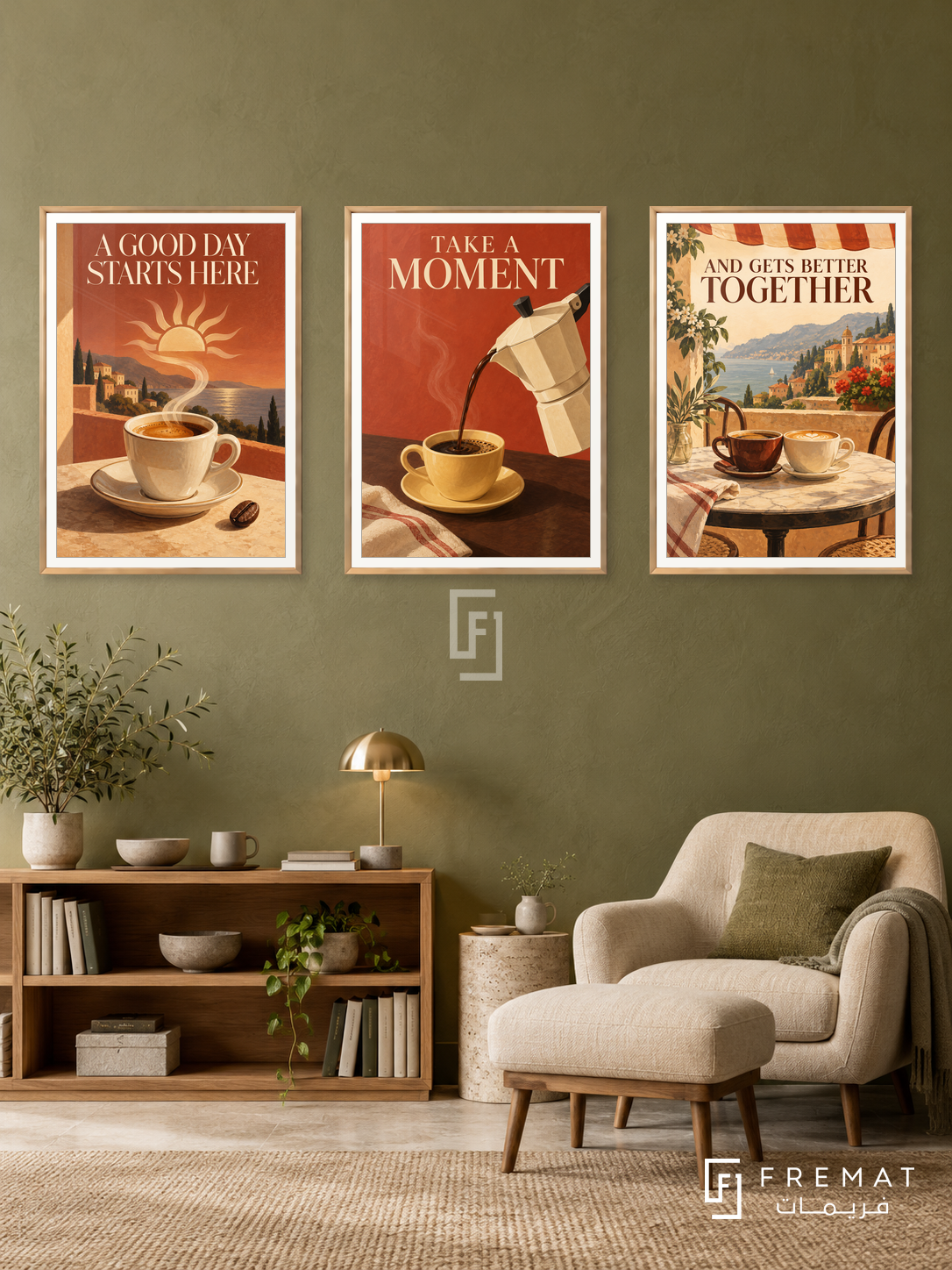 Cafe — set of three complementary commercial artworks in Gold frames, shown at 50×70 cm each.