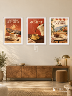 Cafe — set of three complementary commercial artworks in White frames, shown at 50×70 cm each.