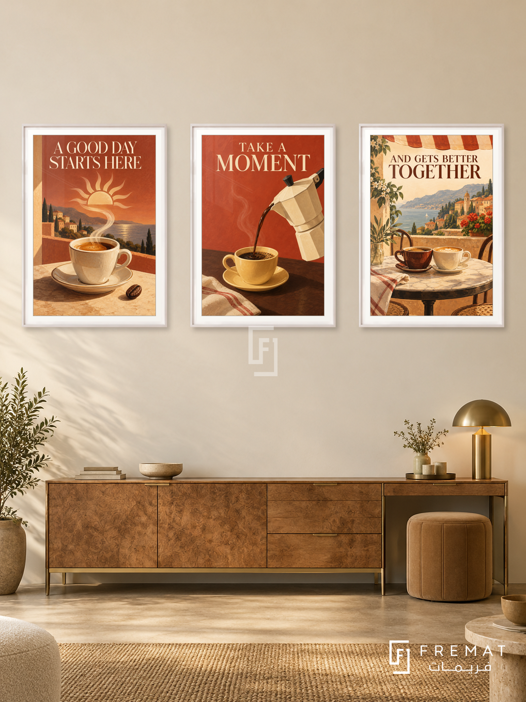 Cafe — set of three complementary commercial artworks in White frames, shown at 50×70 cm each.