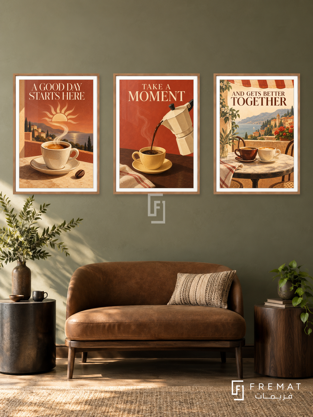 Cafe — set of three complementary commercial artworks in Wooden Texture frames, shown at 50×70 cm each.
