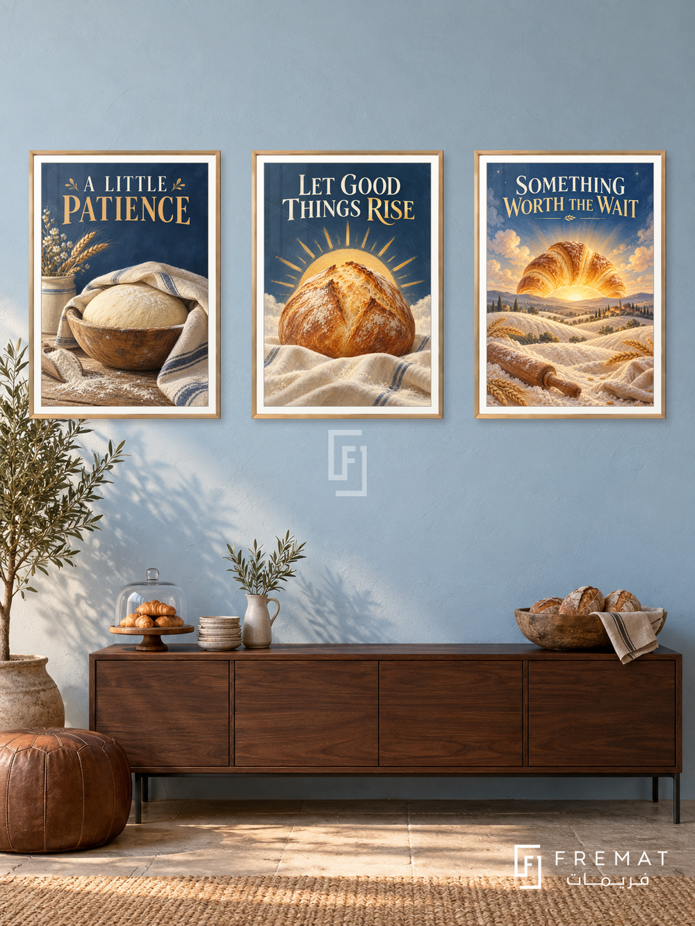 Bakery — set of three complementary commercial artworks in Gold frames, shown at 50×70 cm each.