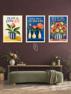 Florist — set of three complementary commercial artworks in Gold frames, shown at 50×70 cm each.