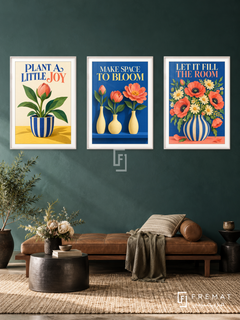 Florist — set of three complementary commercial artworks in White frames, shown at 50×70 cm each.