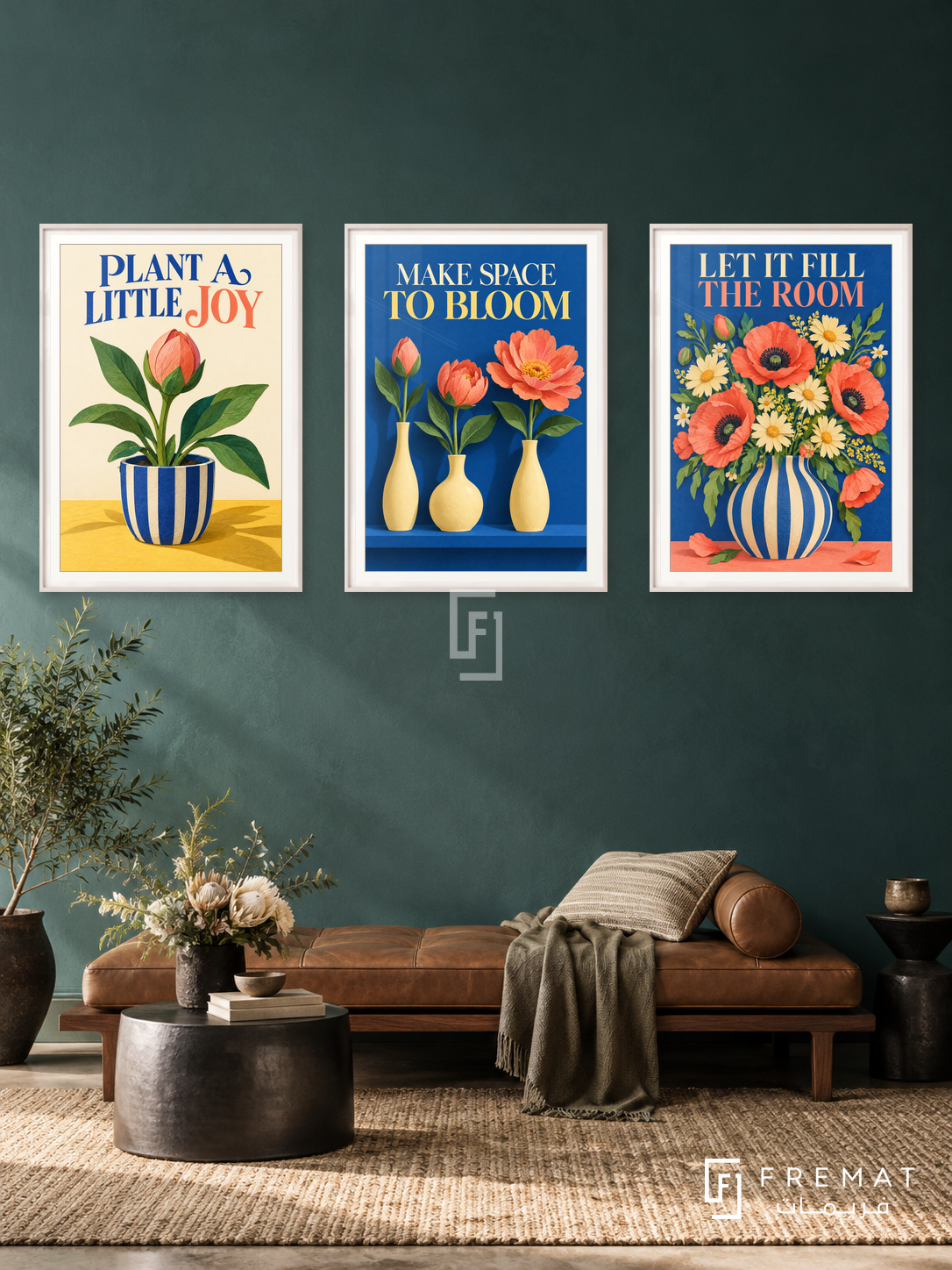 Florist — set of three complementary commercial artworks in White frames, shown at 50×70 cm each.