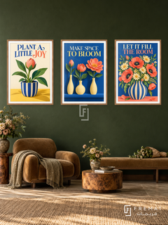 Florist — set of three complementary commercial artworks in Wooden Texture frames, shown at 50×70 cm each.