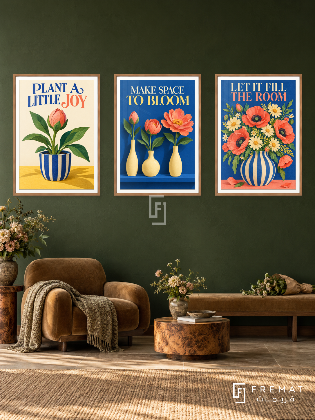 Florist — set of three complementary commercial artworks in Wooden Texture frames, shown at 50×70 cm each.