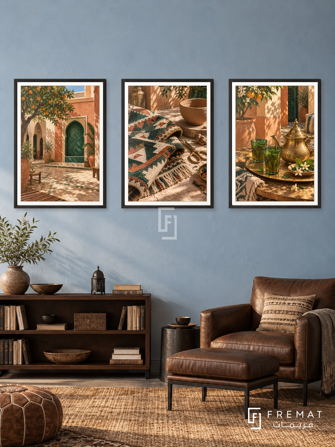 Moroccan Earth — set of three complementary culture artworks in Black frames, shown at 50×70 cm each.