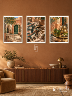 Moroccan Earth — set of three complementary culture artworks in Gold frames, shown at 50×70 cm each.