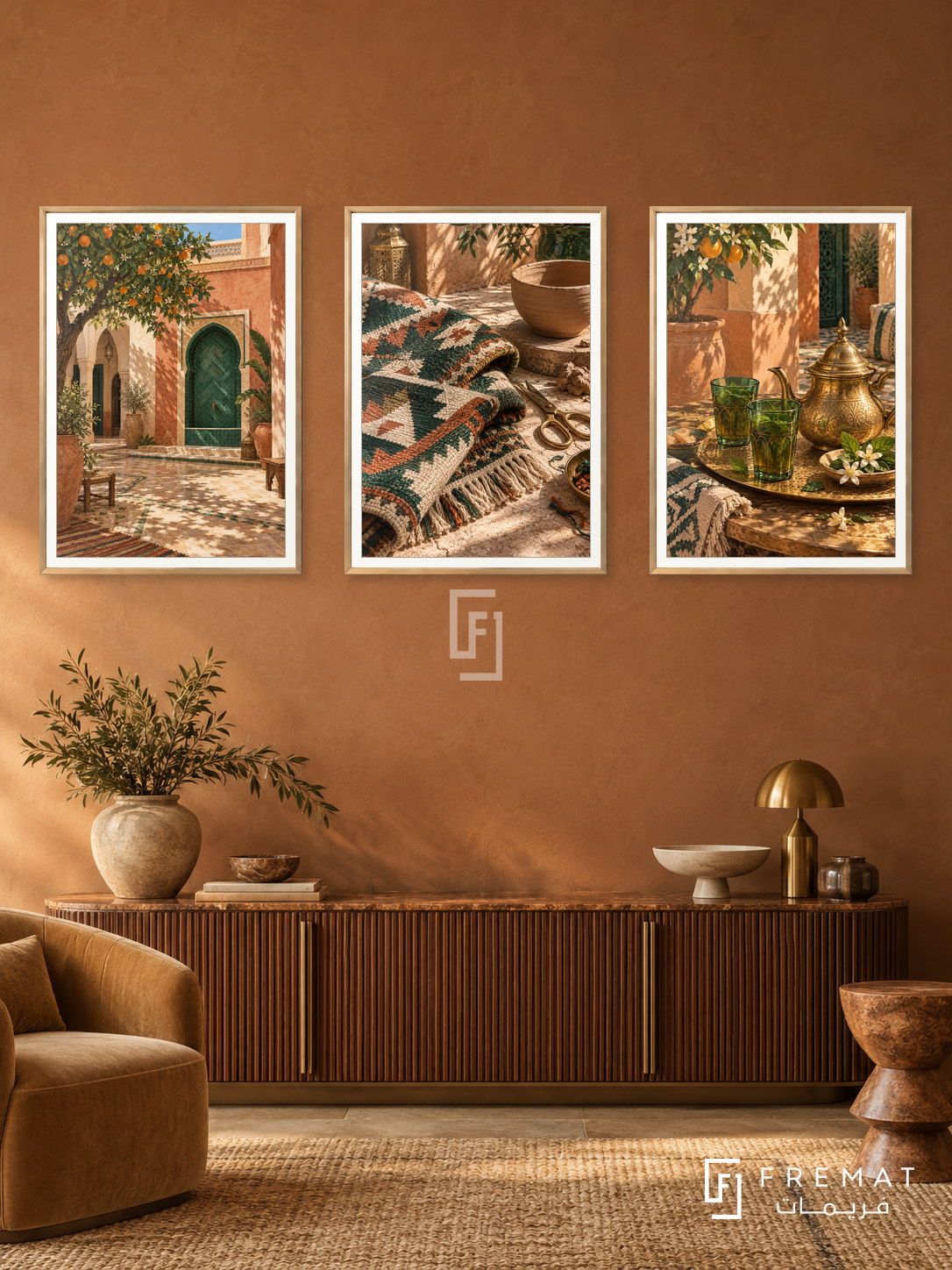 Moroccan Earth — set of three complementary culture artworks in Gold frames, shown at 50×70 cm each.