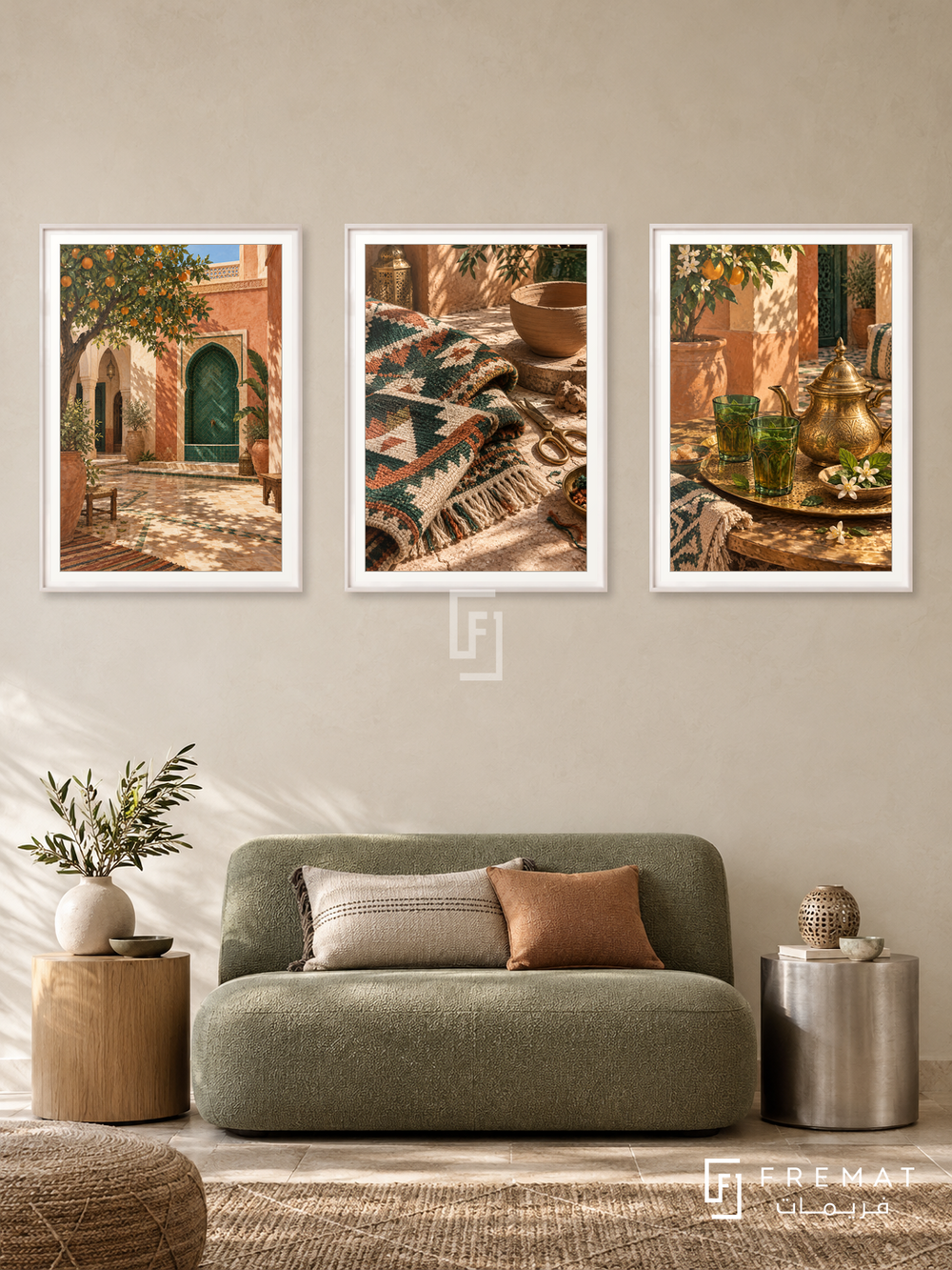 Moroccan Earth — set of three complementary culture artworks in White frames, shown at 50×70 cm each.