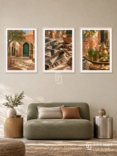 Moroccan Earth — set of three complementary culture artworks in White frames, shown at 50×70 cm each.