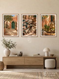 Moroccan Earth — set of three complementary culture artworks in Wooden Texture frames, shown at 50×70 cm each.