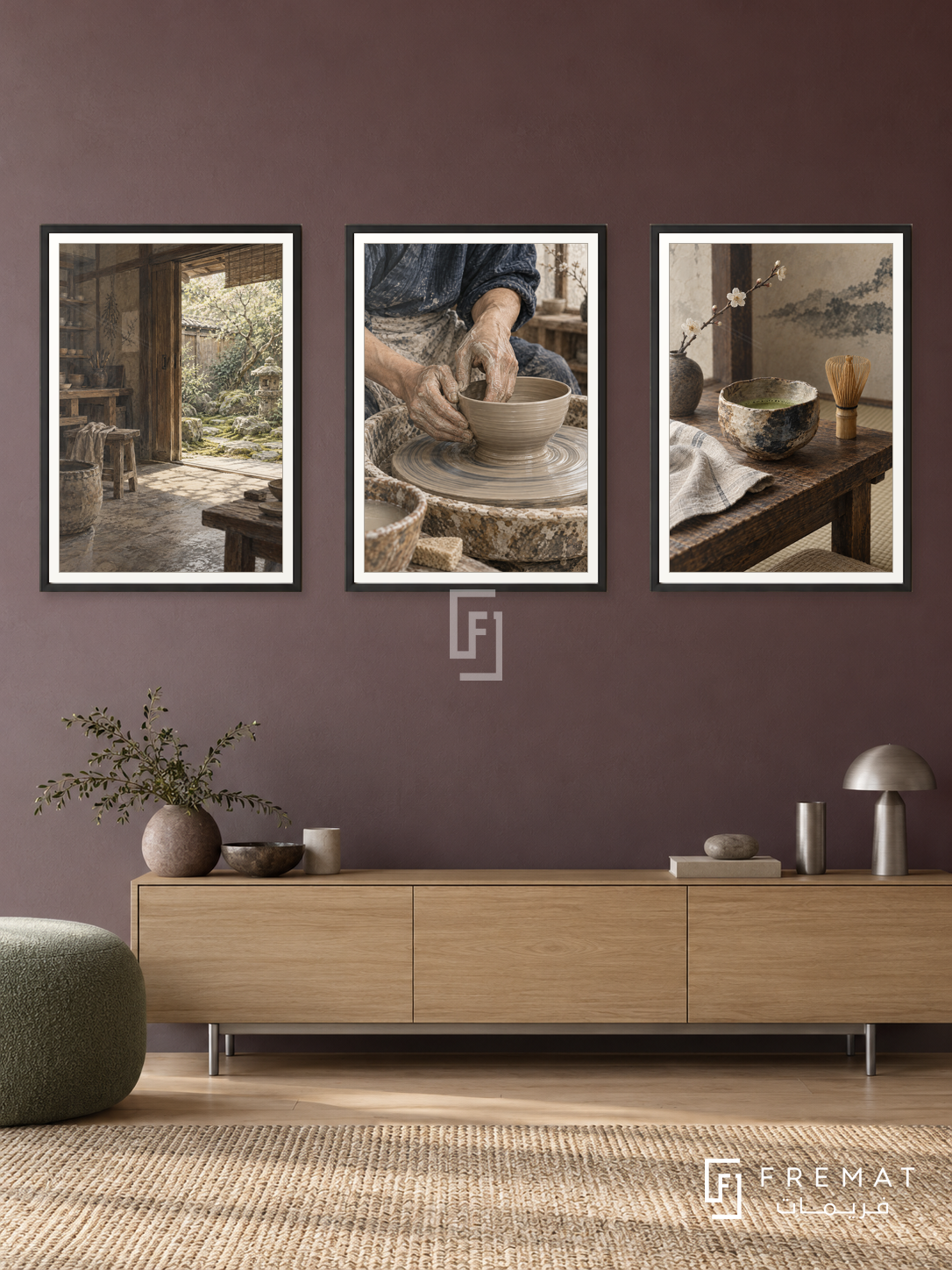 Japanese Clay — set of three complementary culture artworks in Black frames, shown at 50×70 cm each.