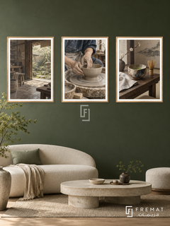Japanese Clay — set of three complementary culture artworks in Gold frames, shown at 50×70 cm each.
