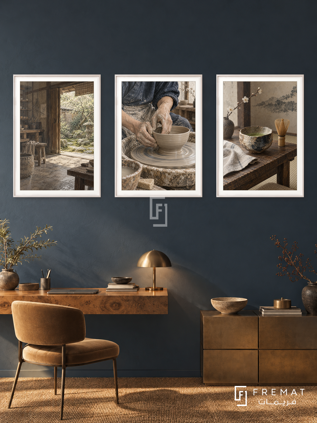 Japanese Clay — set of three complementary culture artworks in White frames, shown at 50×70 cm each.