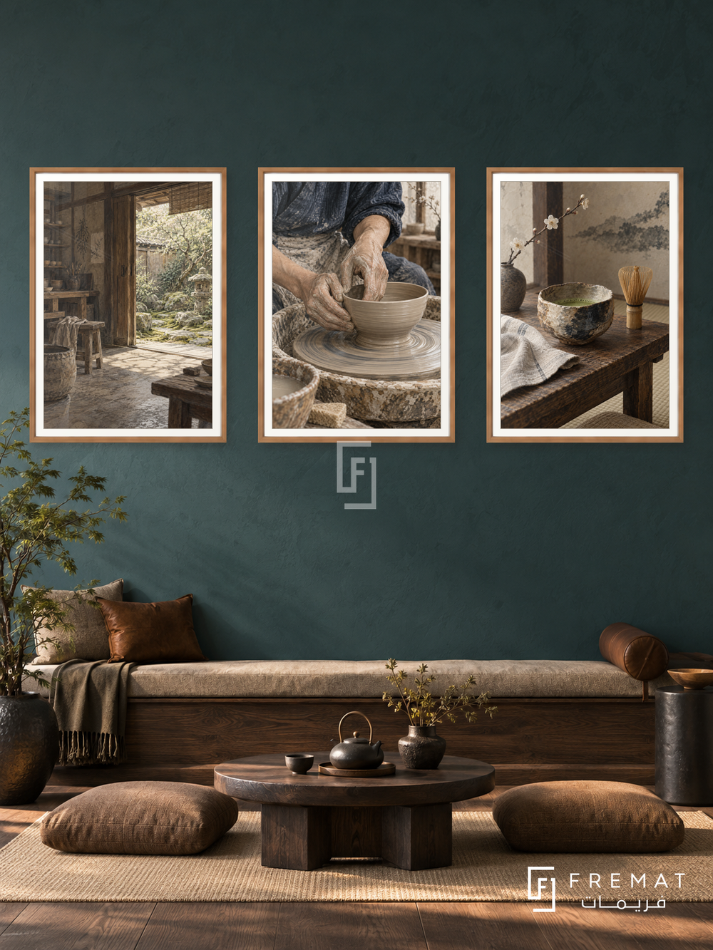 Japanese Clay — set of three complementary culture artworks in Wooden Texture frames, shown at 50×70 cm each.