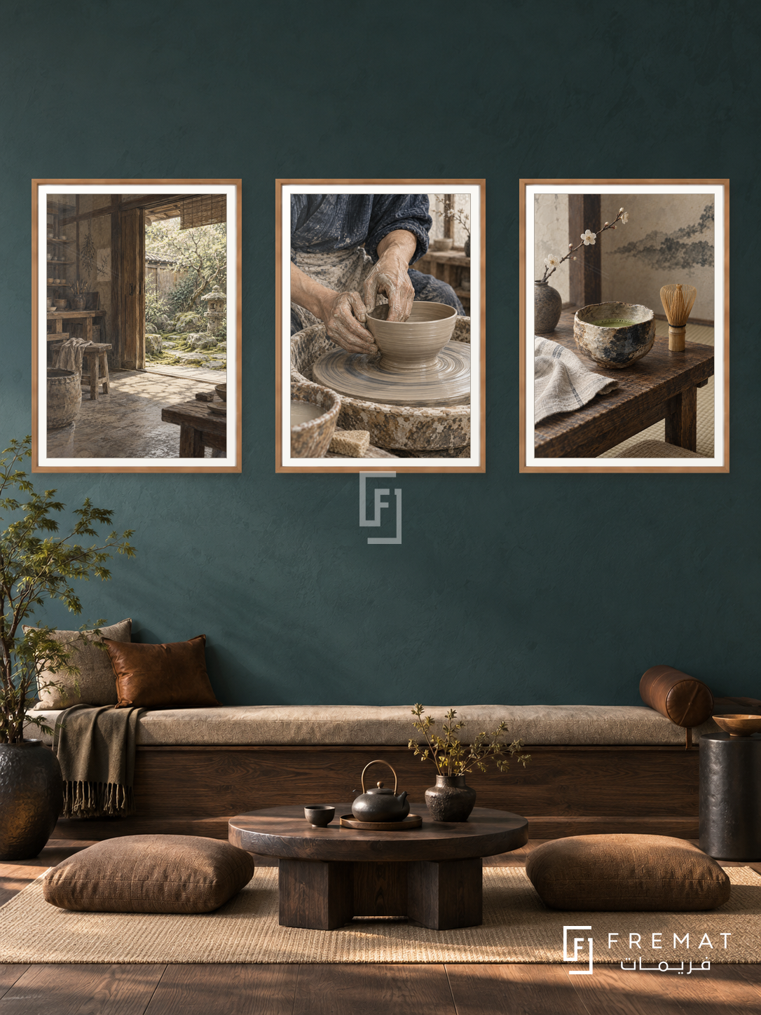 Japanese Clay — set of three complementary culture artworks in Wooden Texture frames, shown at 50×70 cm each.