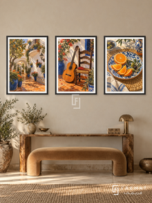 Andalusian Rhythm — set of three complementary culture artworks in Black frames, shown at 50×70 cm each.