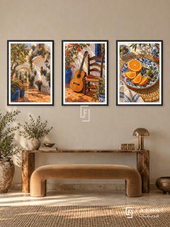 Andalusian Rhythm — set of three complementary culture artworks in Black frames, shown at 50×70 cm each.