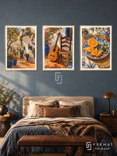 Andalusian Rhythm — set of three complementary culture artworks in Gold frames, shown at 50×70 cm each.