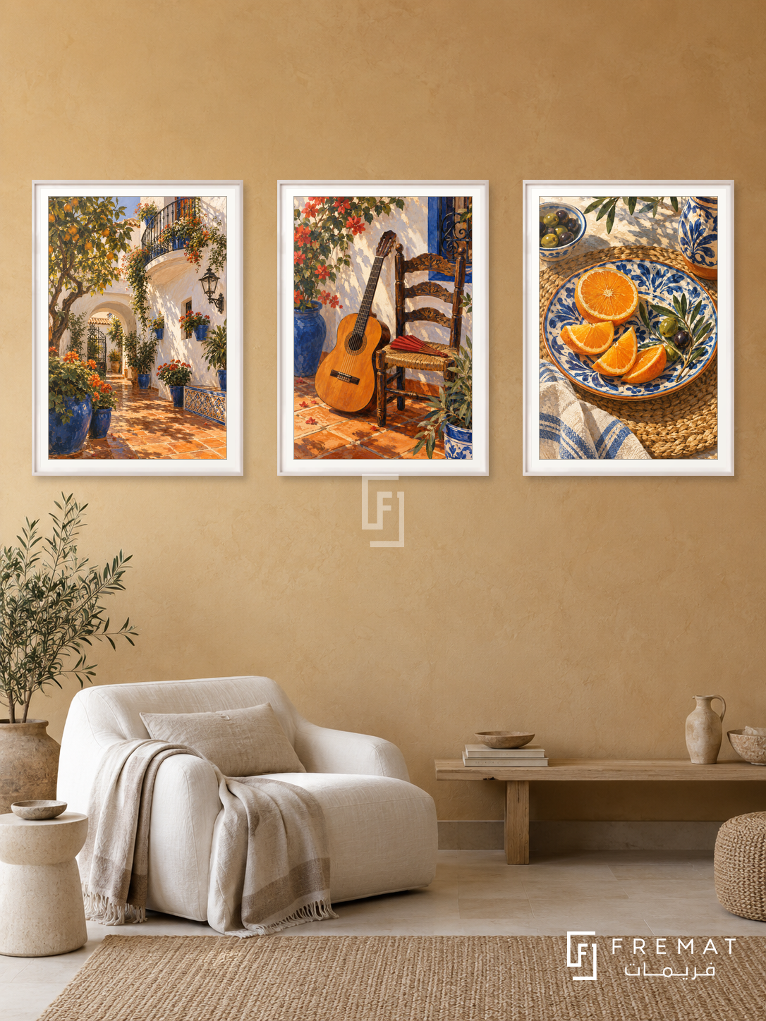 Andalusian Rhythm — set of three complementary culture artworks in White frames, shown at 50×70 cm each.