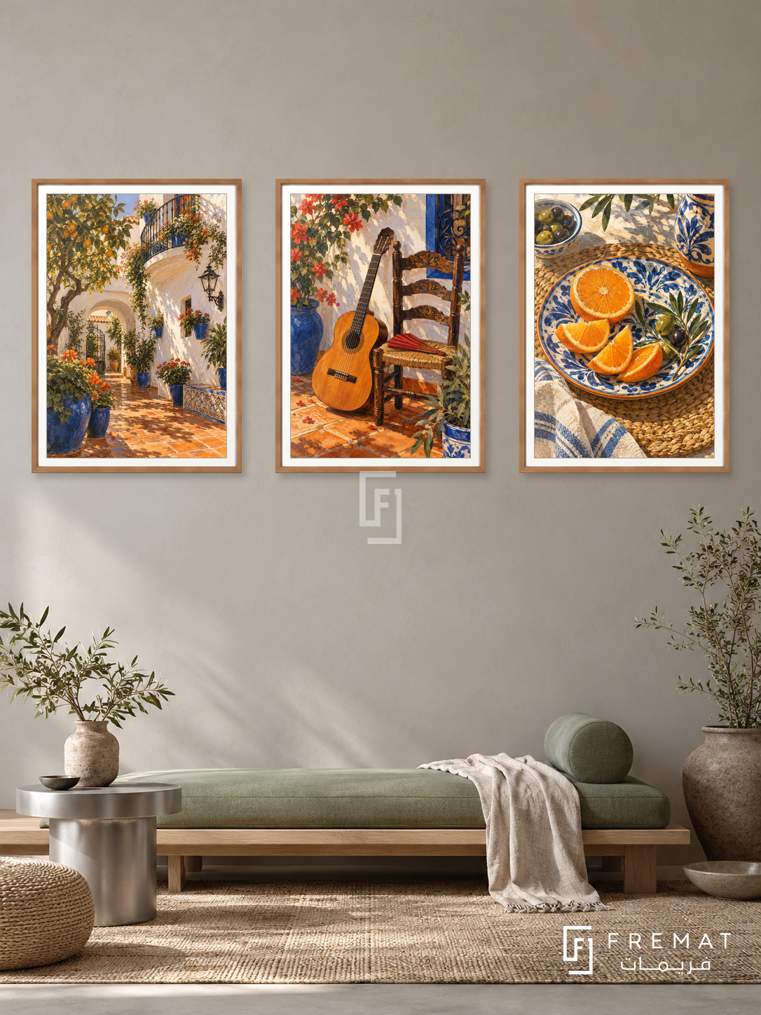 Andalusian Rhythm — set of three complementary culture artworks in Wooden Texture frames, shown at 50×70 cm each.